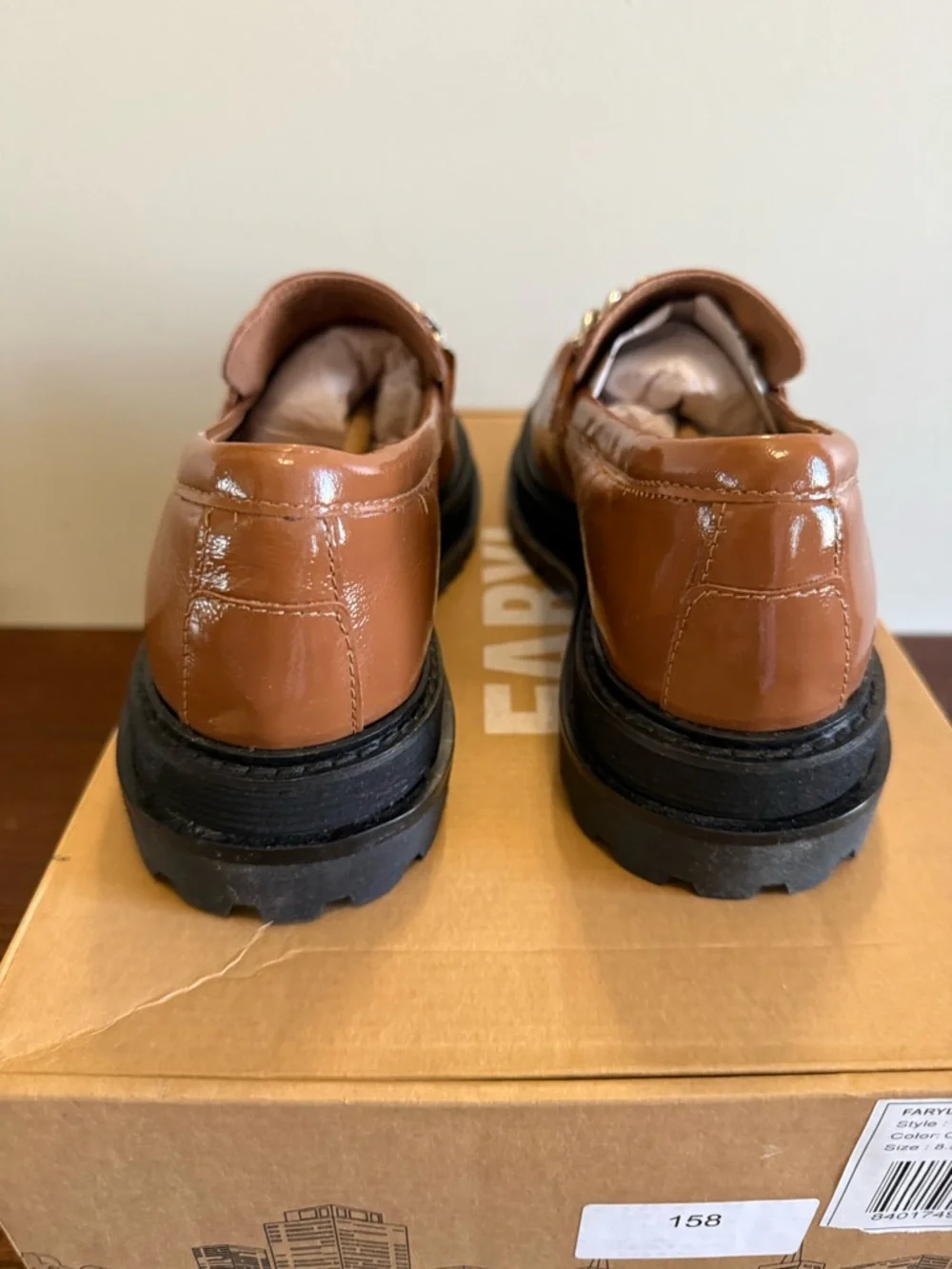 Faryl Farylrobin Raine Brown Cognac Patent Chain Loafers NEW‎